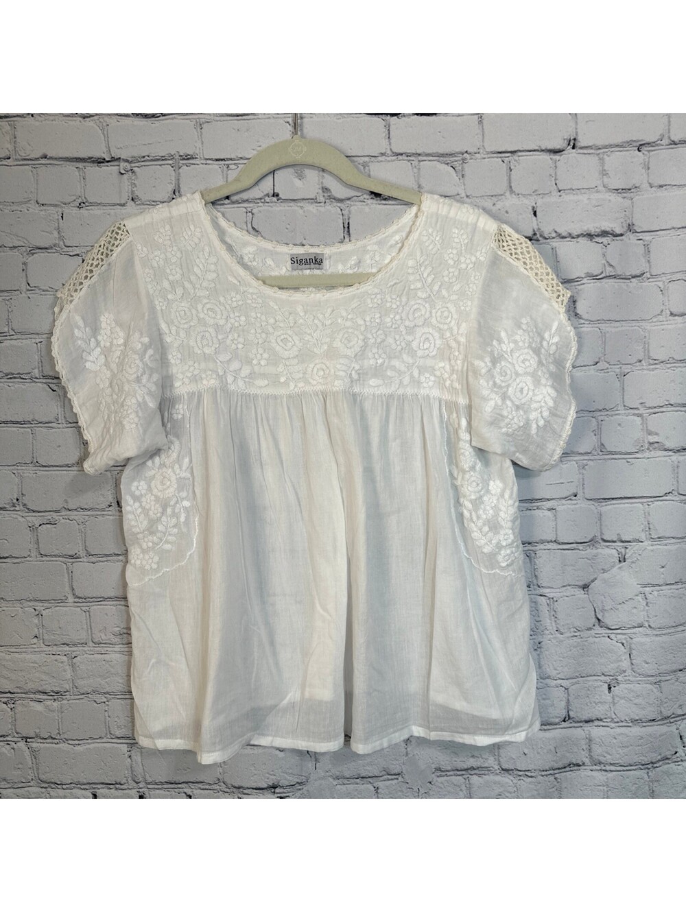 Siganka White Boho Peasant Floral Crochet Embroidered Yoke Blouse 100% Cotton S
